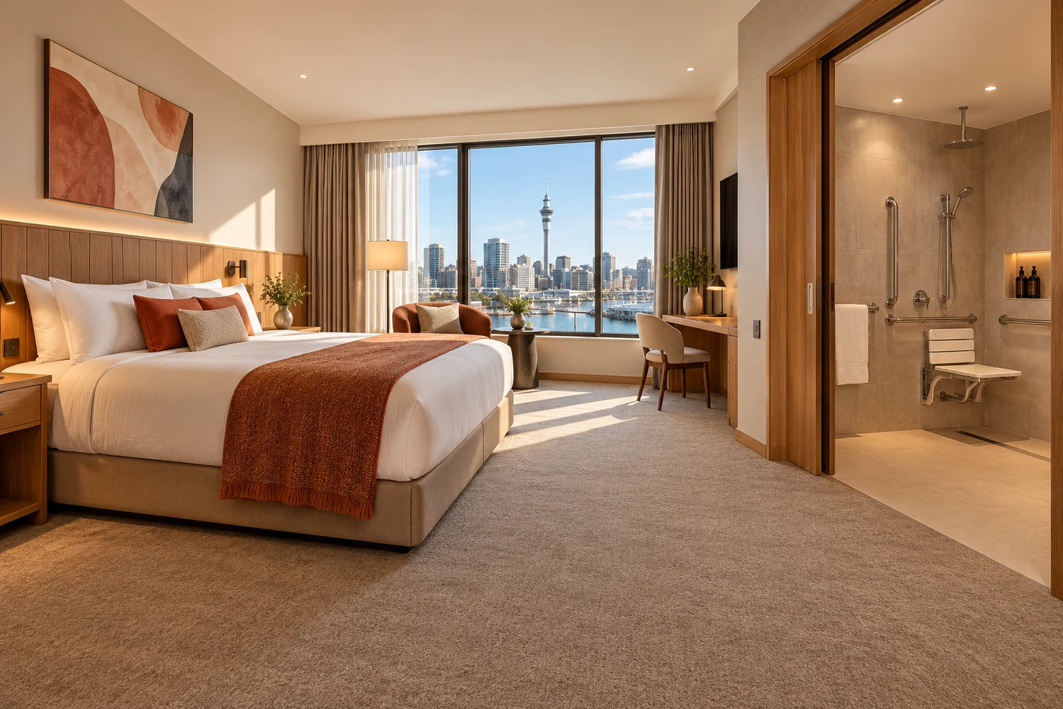 Accessible King at Play Folk, with one king bed and warm contemporary furnishings