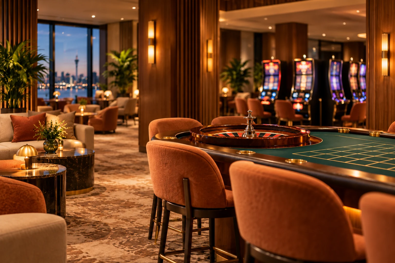 A roulette table and gaming machines in the Casino Lounge
