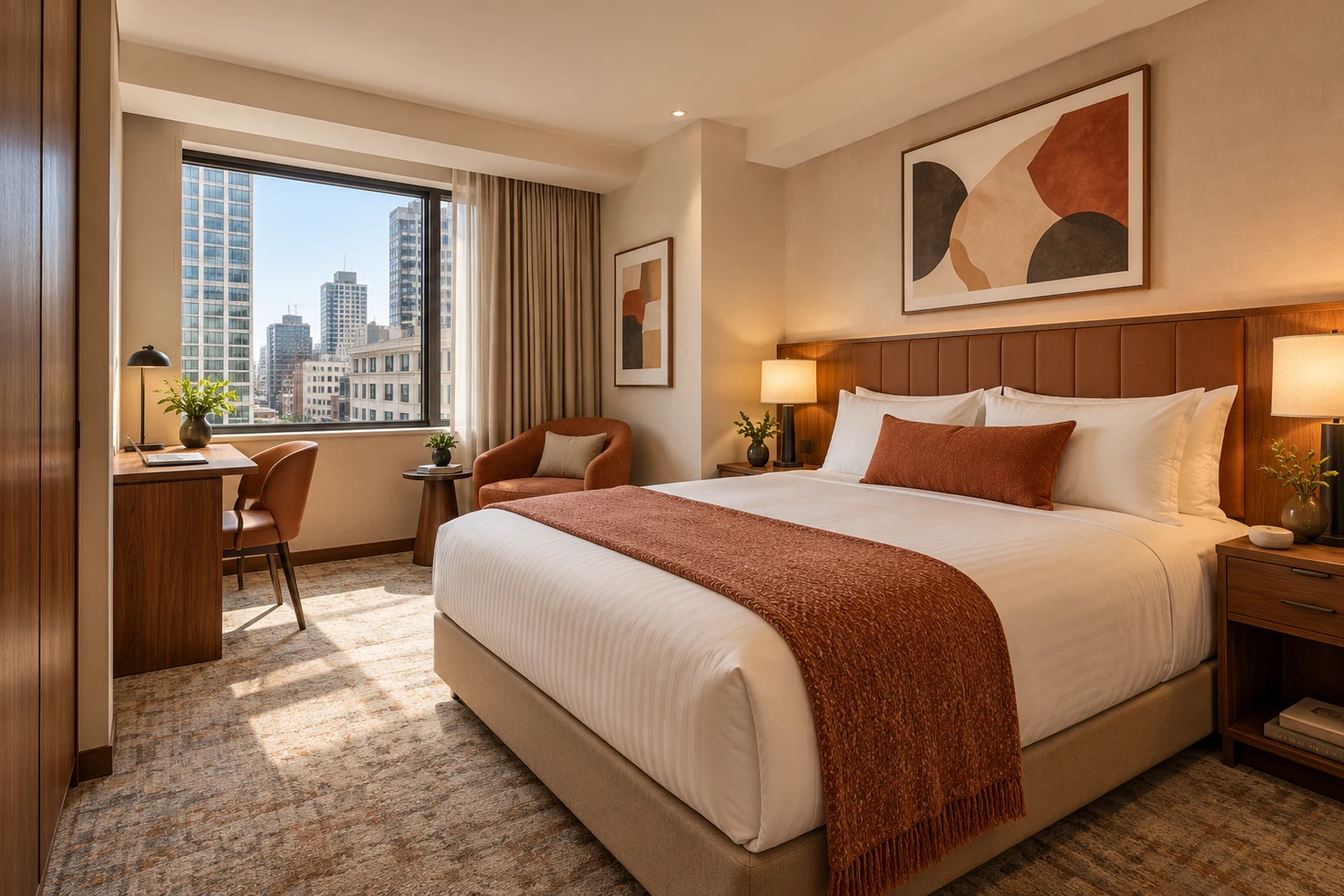 City Queen at Play Folk, with one queen bed and warm contemporary furnishings