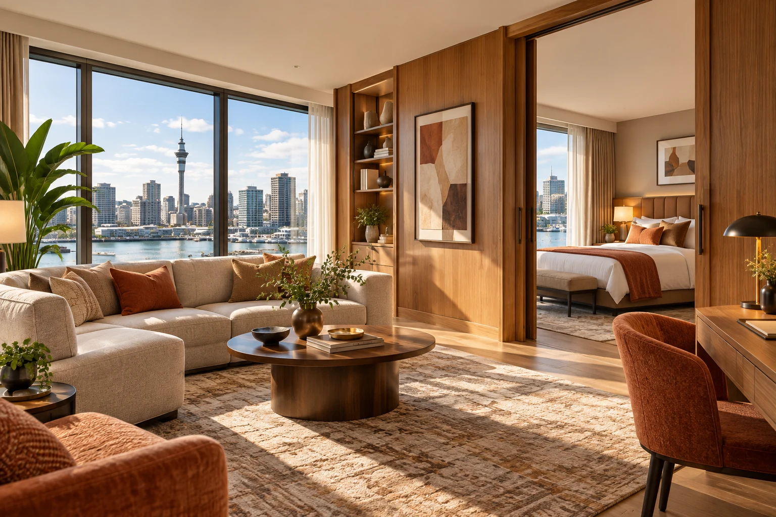 Executive Suite at Play Folk, with one king bed and one single sofa bed and warm contemporary furnishings