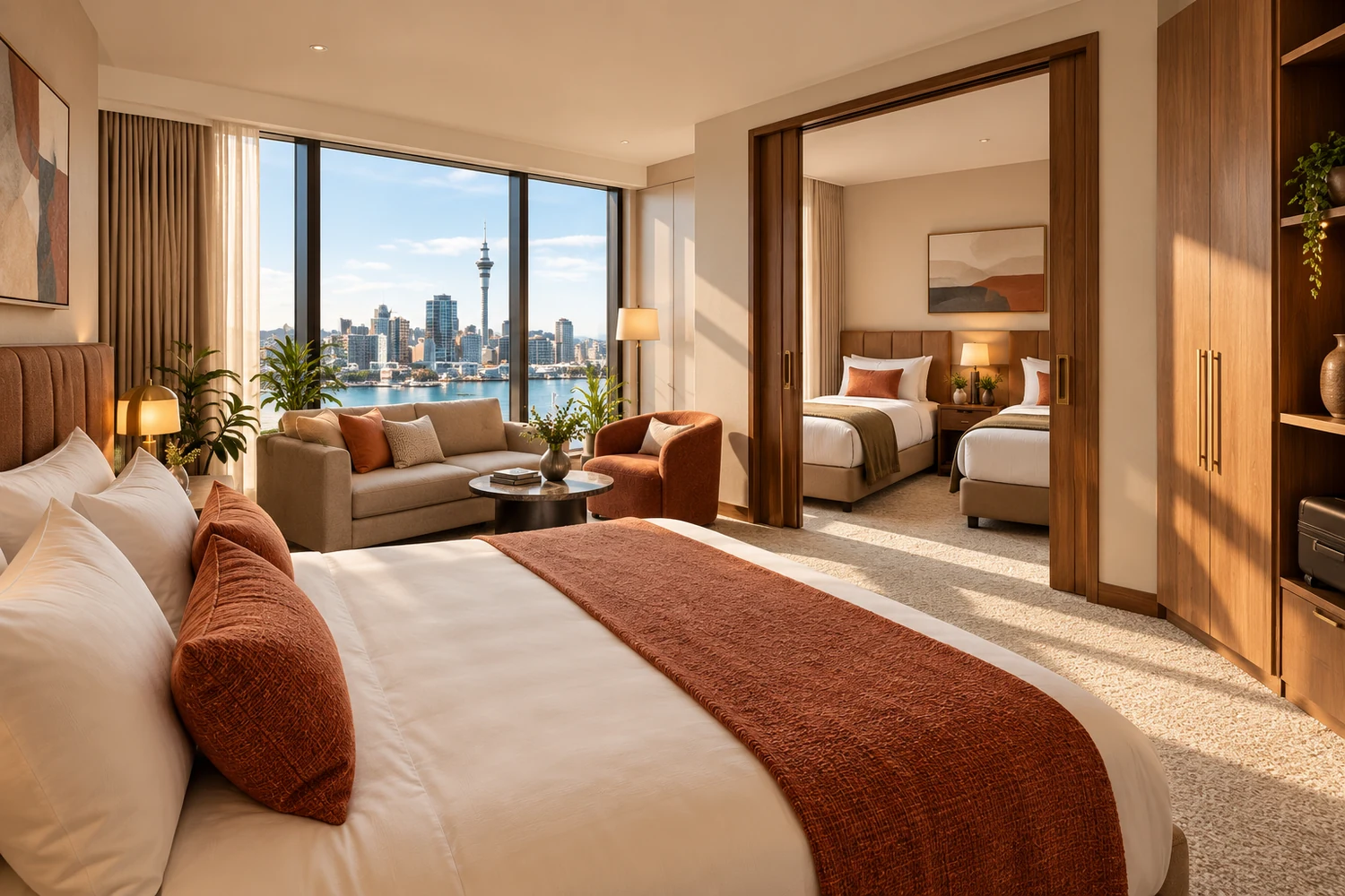 Family Suite at Play Folk, with one queen bed, two single beds and one single sofa bed and warm contemporary furnishings