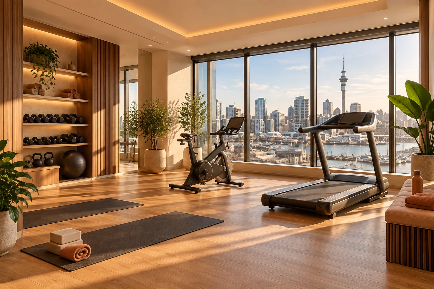 The Play Folk fitness room with cardio equipment, weights and stretching space