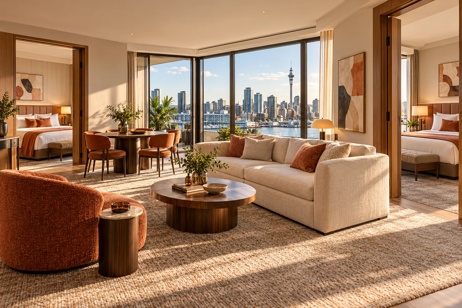 Harbour Residence at Play Folk, with two king beds and one queen sofa bed and warm contemporary furnishings