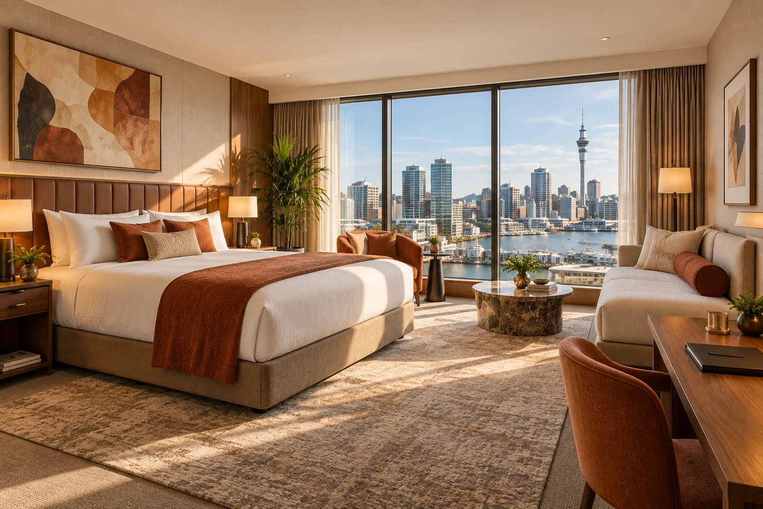 Studio Triple at Play Folk, with one king bed and one single daybed and warm contemporary furnishings
